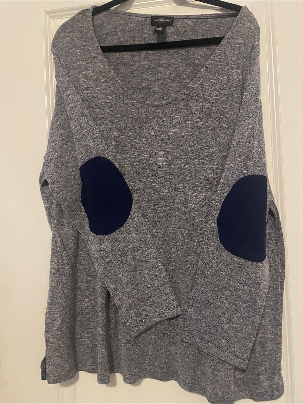 Karen Kane Heather Gray V-Neck Sweater with Navy Elbow Patches